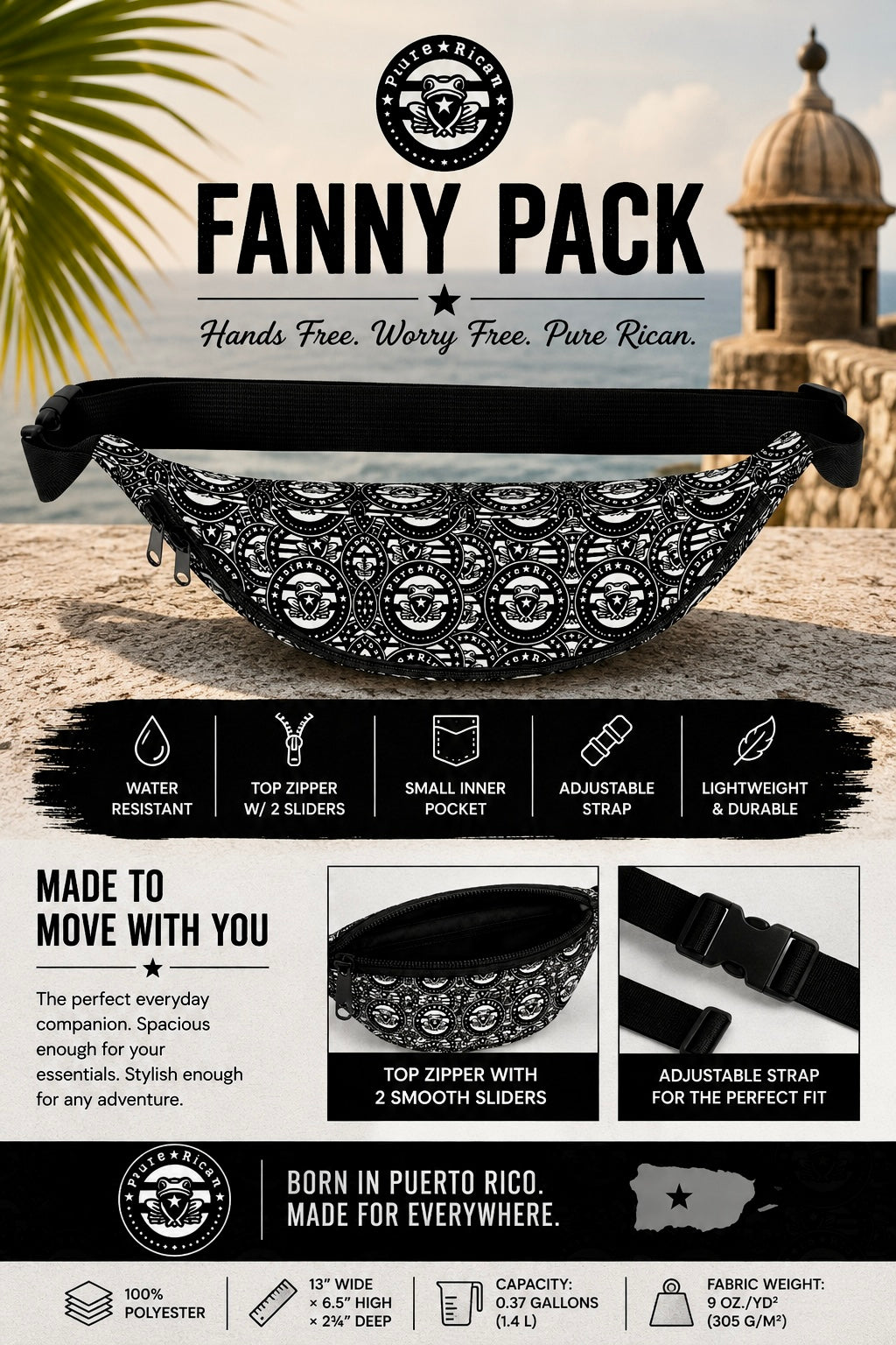 Pure⭐️Rican OG Logo Pattern Fanny Pack | Puerto Rican Travel, Festival & Everyday Waist Bag