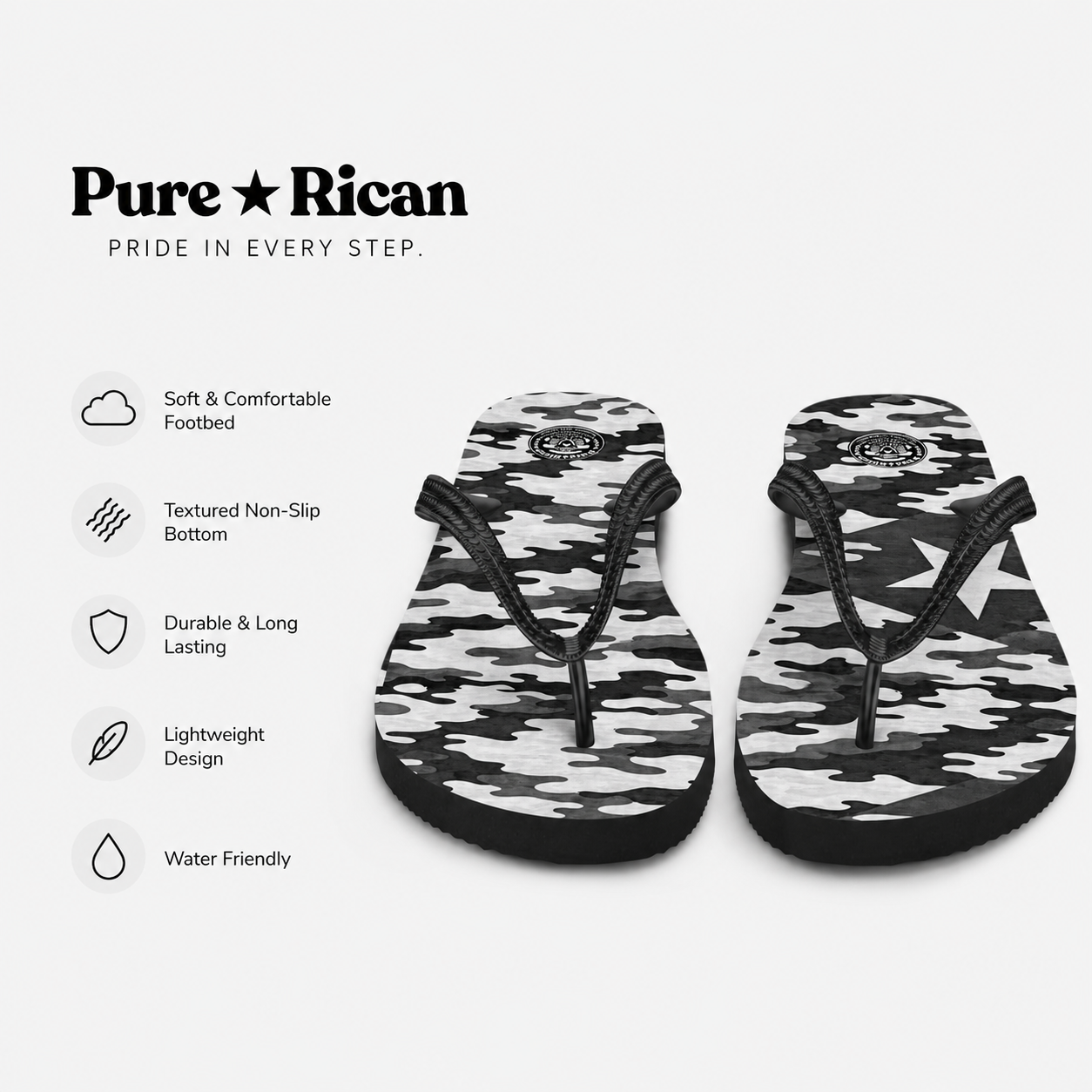 Camouflage-patterned flip-flops with Pure Rican branding and feature list on a white background