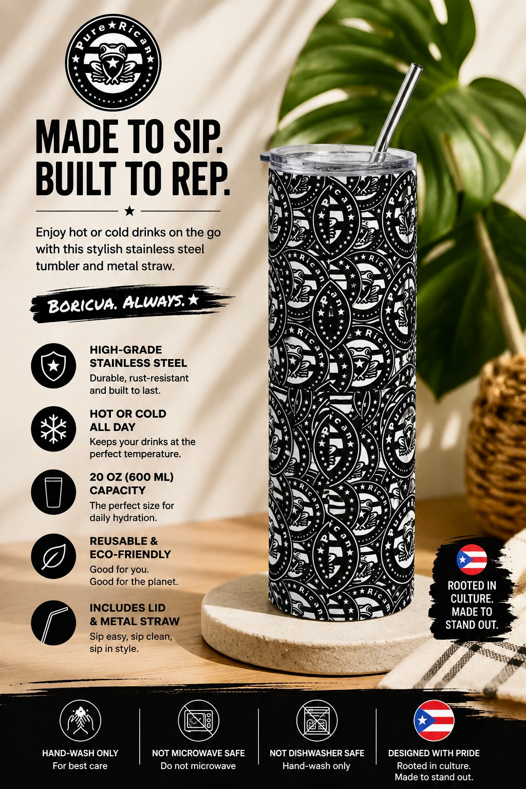 Pure⭐️Rican “Black Heritage Seal” Stainless Steel Tumbler | Puerto Rican 20oz Travel Cup with Metal Straw