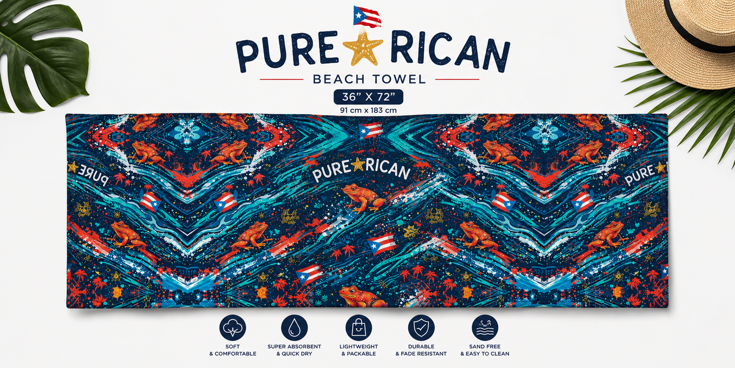 Pure⭐️Rican Sapo Wave Beach Towel featuring vibrant coquí frogs, Puerto Rican flags, tropical waves, and island-inspired heritage artwork in a premium beach towel display