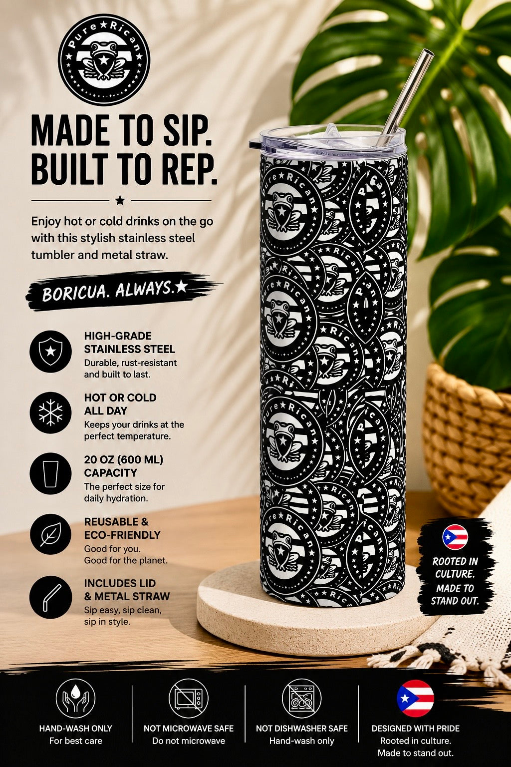 Pure⭐️Rican “Black Heritage Seal” Stainless Steel Tumbler | Puerto Rican 20oz Travel Cup with Metal Straw