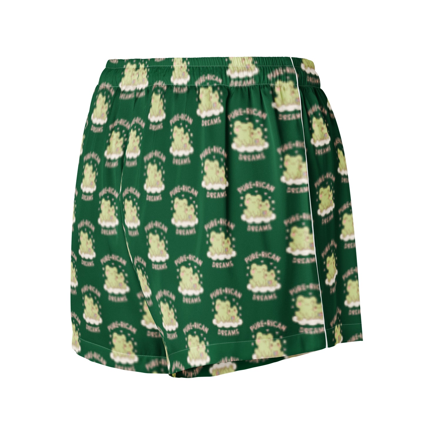 Flat lay of Pure⭐️Rican Mommy and Baby Dreamy pajama shorts in forest green with all-over cultural print