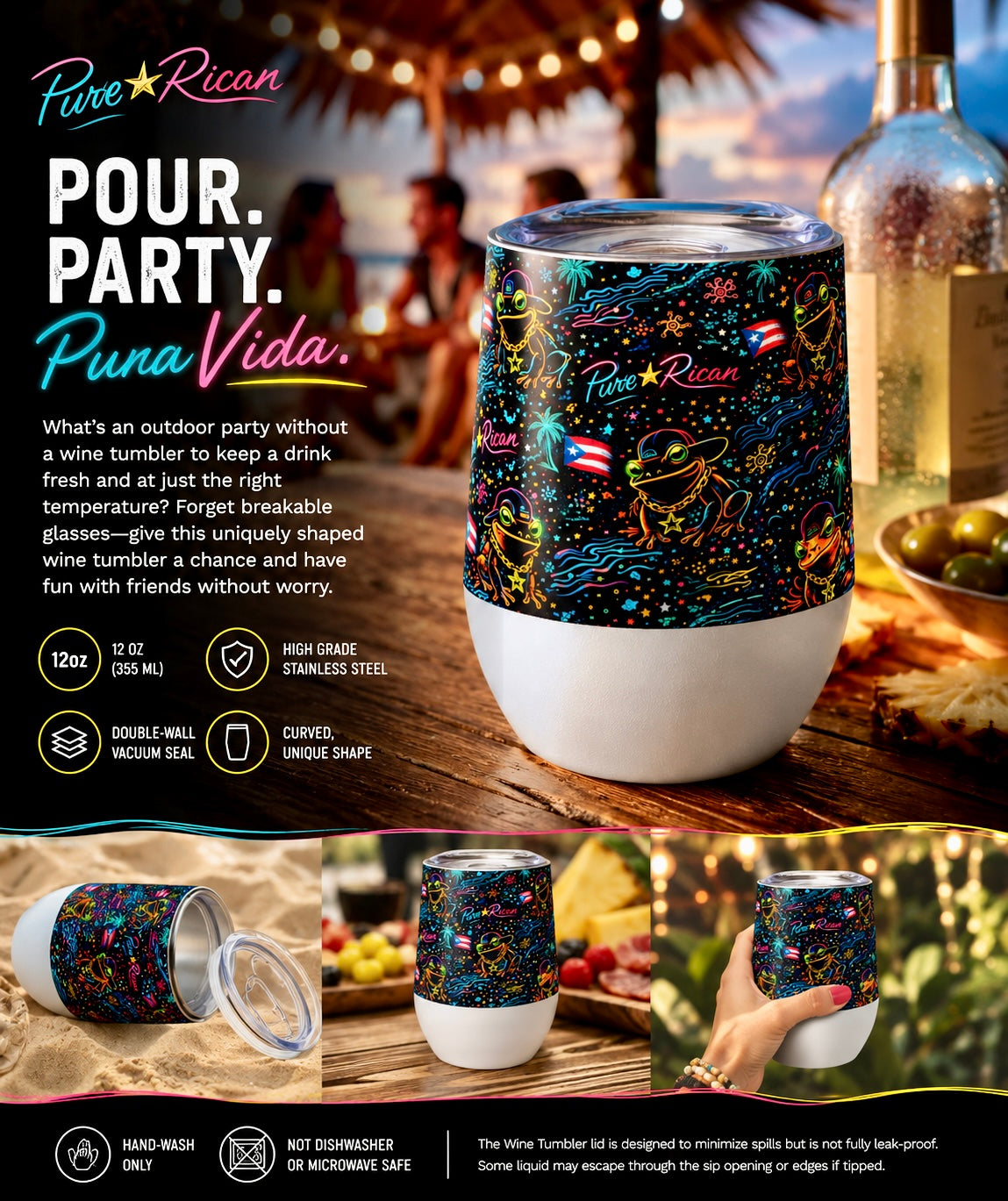 Pure⭐️Rican Neon Sapo Concho 12oz stainless steel wine tumbler displayed in a premium tropical outdoor party setting with neon Puerto Rican-inspired artwork, double-wall insulated design, and beachside lifestyle background.