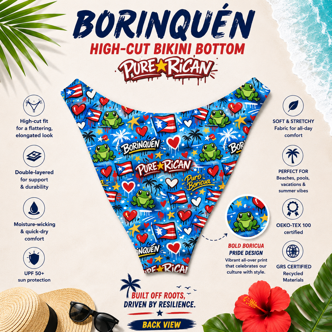 Back view of the Pure⭐️Rican BORINQUÉN Graffiti High-Cut Bikini Bottom showcasing bold BORINQUÉN graffiti artwork, Puerto Rican flags, tropical palms, hearts, and Sapo Concho frog mascot with product feature highlights including soft stretch fabric, moisture-wicking comfort, recycled materials, OEKO-TEX certification, and summer-ready beach styling in a premium tropical product page layout.
