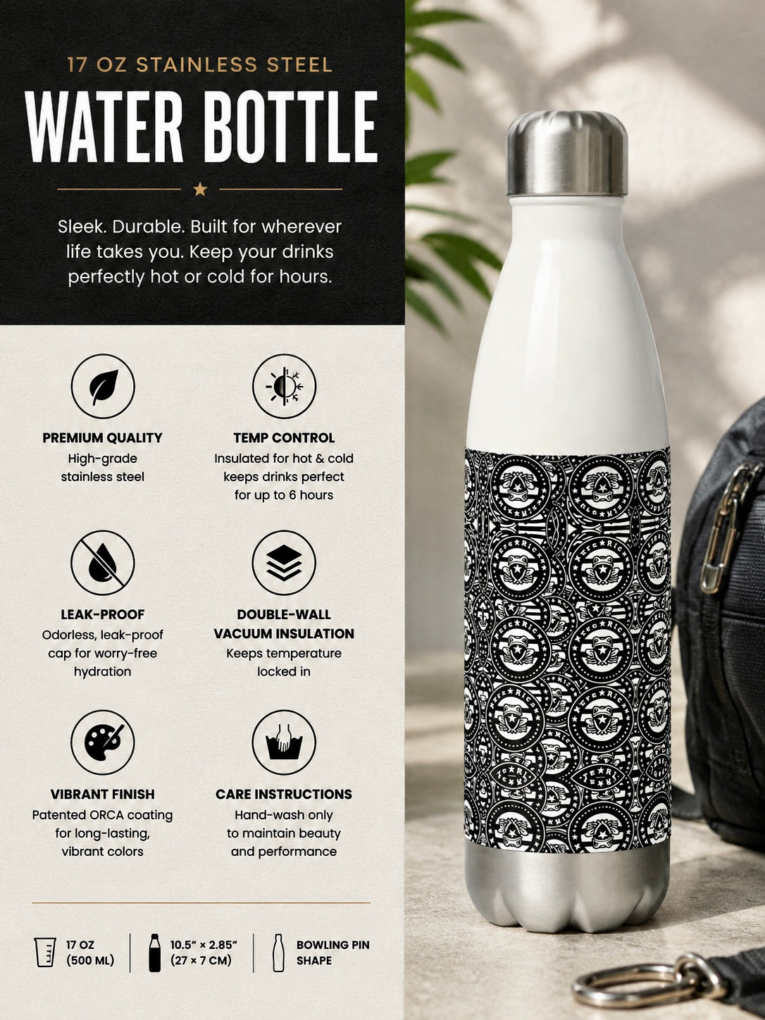 White stainless steel water bottle with black pattern on a gray surface, next to product description text.