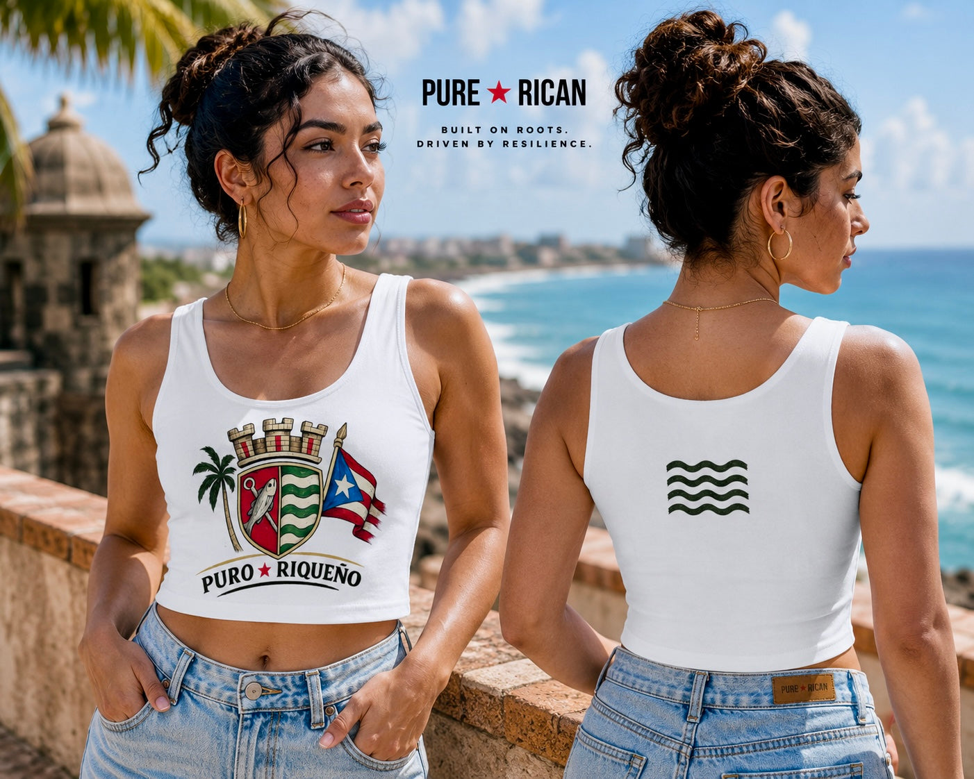Two women wearing white tank tops with visible branding, standing by a coastal area.