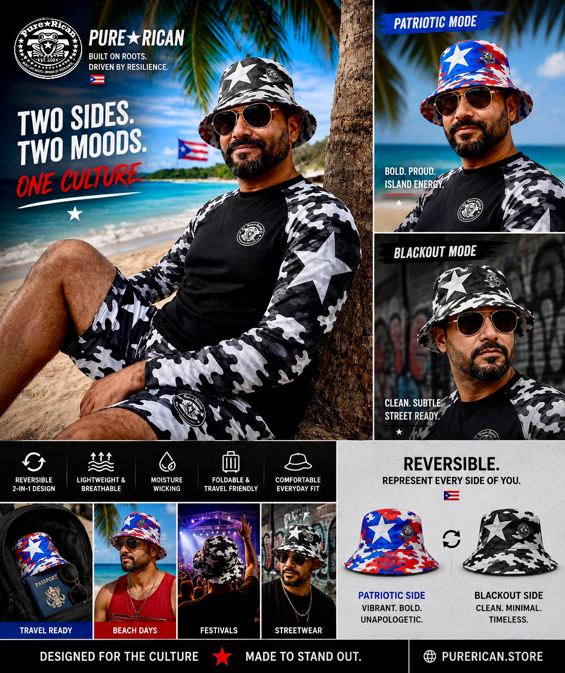 Pure⭐️Rican Reversible Puerto Rican Bucket Hat – Patriotic & Blackout Edition