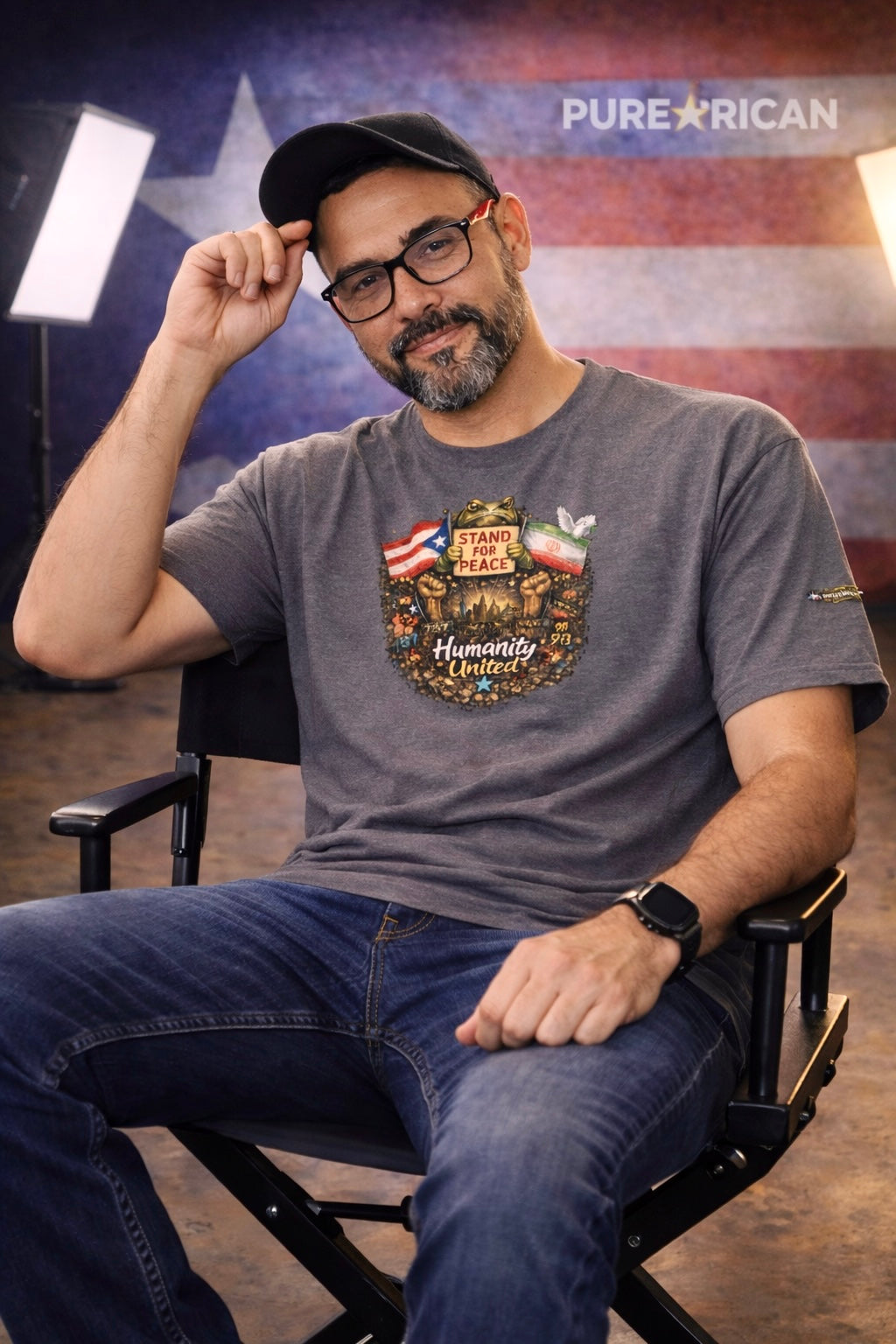 Model wearing Pure⭐️Rican Stand For Peace Humanity United Puerto Rican cultural t-shirt in studio with Puerto Rican flag background
