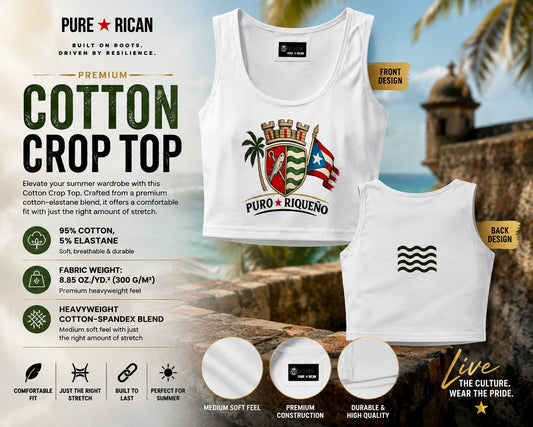 White cotton crop top with Puerto Rican design on a scenic background