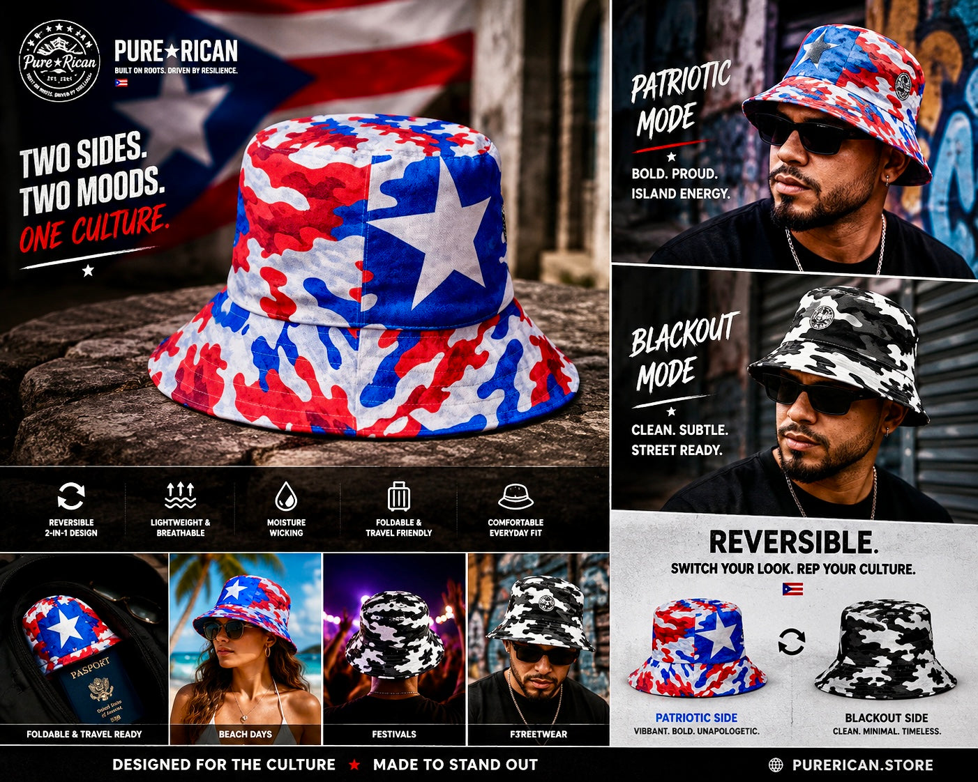 Pure⭐️Rican Reversible Puerto Rican Bucket Hat – Patriotic & Blackout Edition