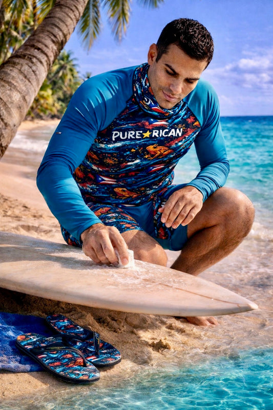 Male model wearing Pure⭐️Rican Sapo Wave outfit waxing surfboard on tropical beach with matching flip flops