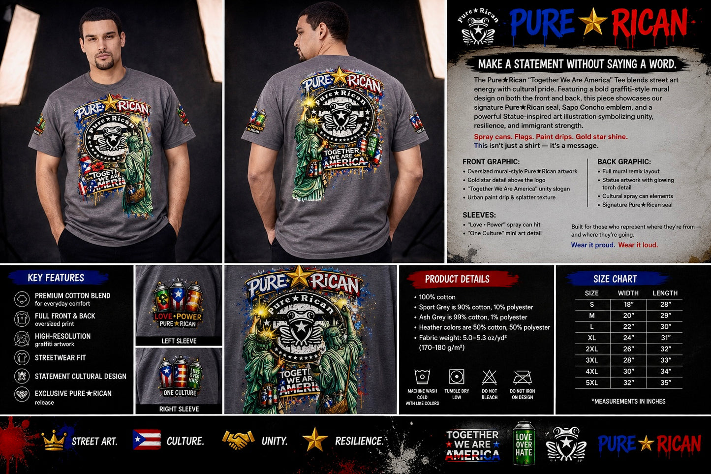 Pure⭐️Rican “Together We Are America” Statue Graffiti Tee – Front & Back Street Art Edition