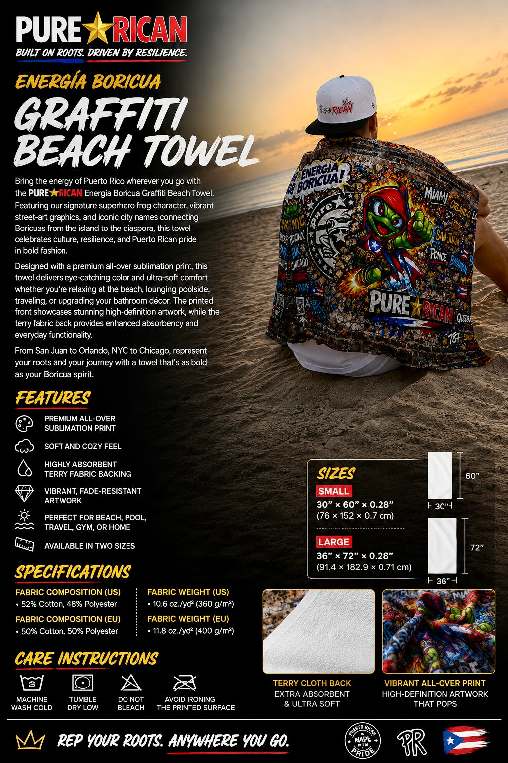 PURE⭐️RICAN Energía Boricua Graffiti Beach Towel Puerto Rican Pride All-Over Sublimation Towel