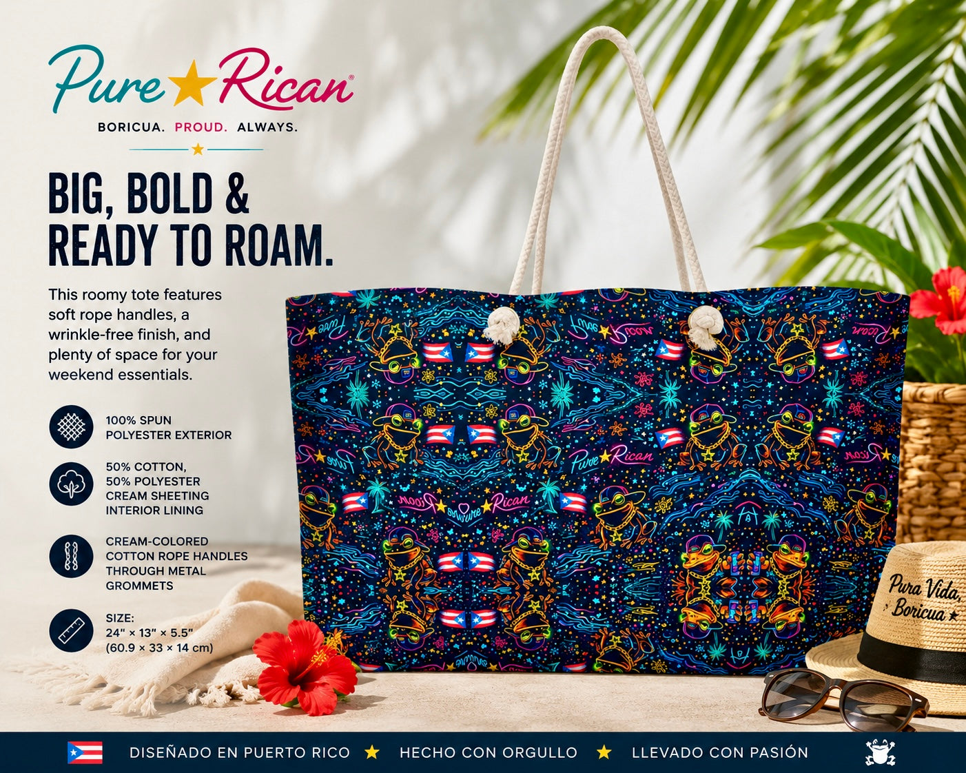 Pure⭐️Rican Sapo Galaxy Midnight oversized weekender tote bag featuring Sapo Concho artwork, Puerto Rican flag details, and cream rope handles.