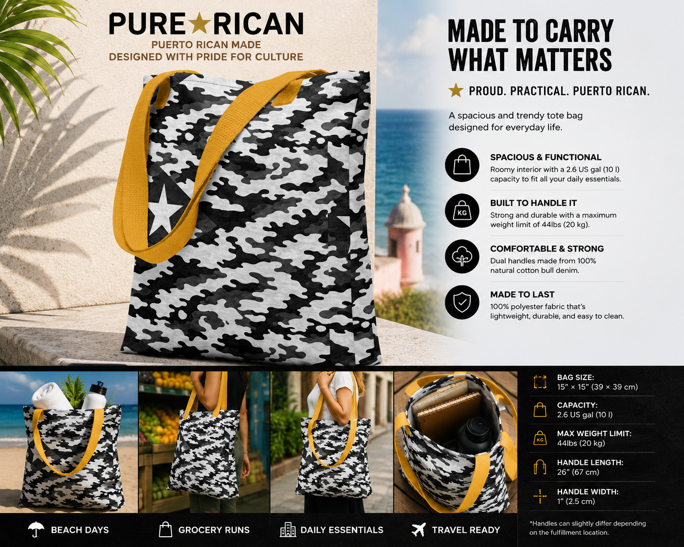 Pure⭐️Rican Midnight Camo Boricua tote bag with premium gold cotton handles and black and white Boricua camo pattern.