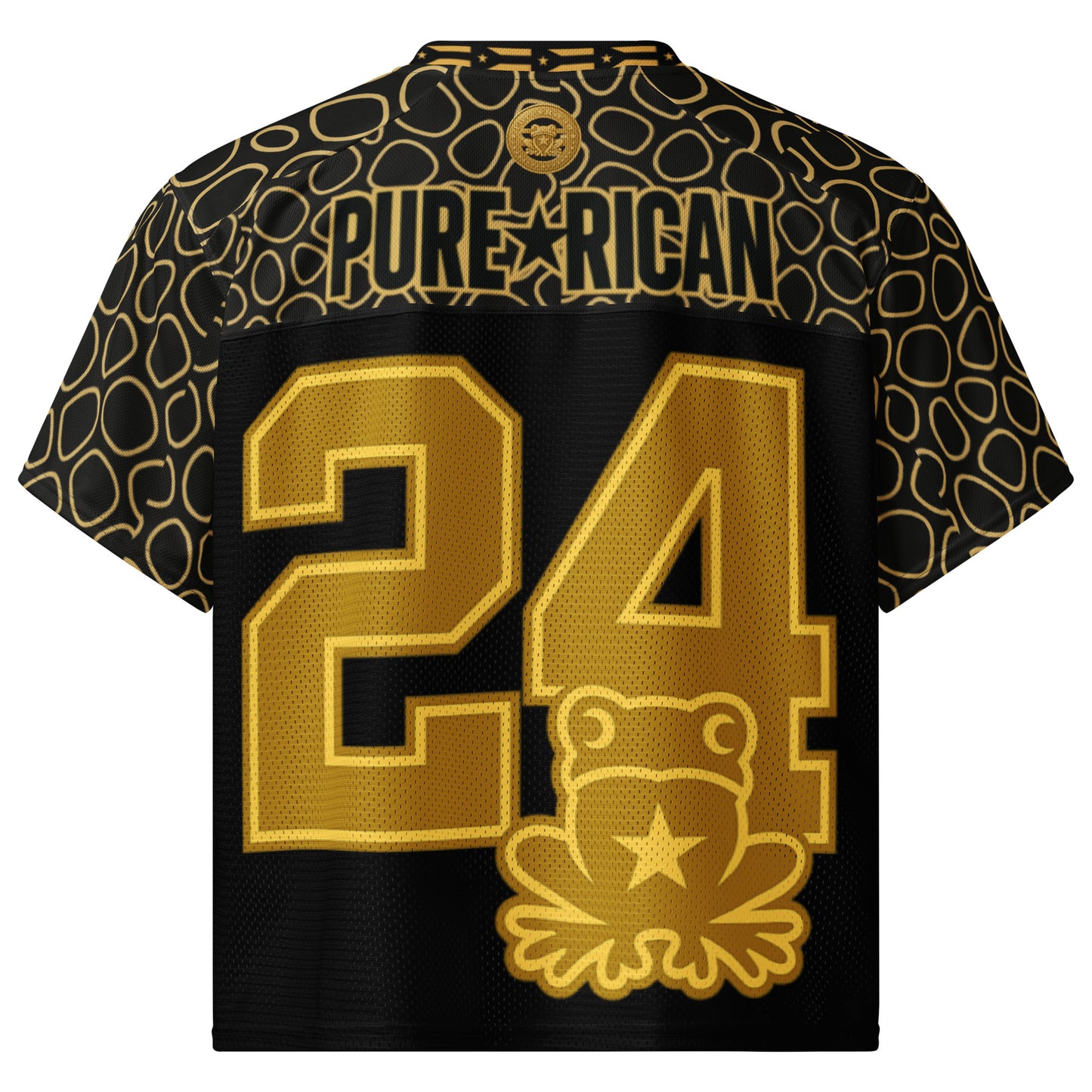 Gold number design with Sapo Concho frog and Oro Sapo Skin pattern on Puro Boricua football jersey by Pure⭐️Rican