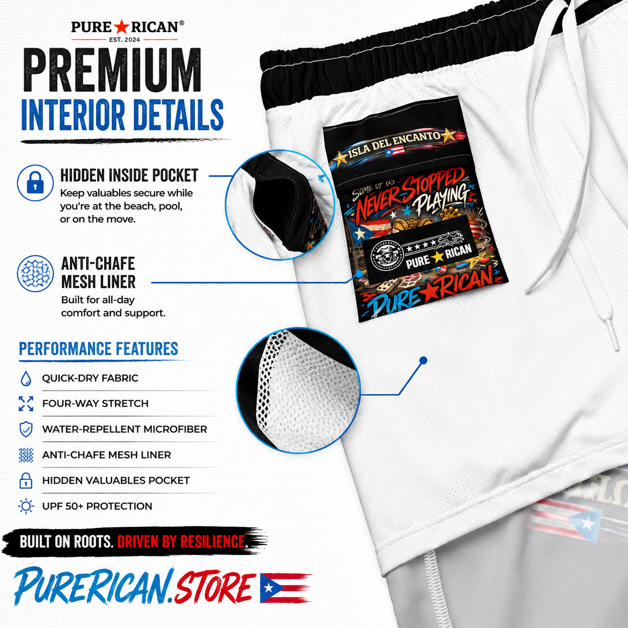 White athletic shorts with black trim and a visible interior label reading 'Vela del Encanto' and 'Pure Rican', shown on a white promotional background with callout graphics and text describing premium interior details.
