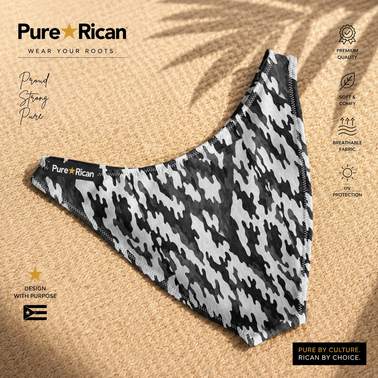 Black and white patterned bandana with 'Pure Rican' branding on a sandy background
