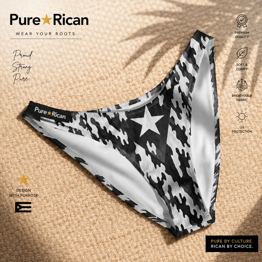 Black and white patterned bandana with 'Pure Rican' branding on a textured beige background.