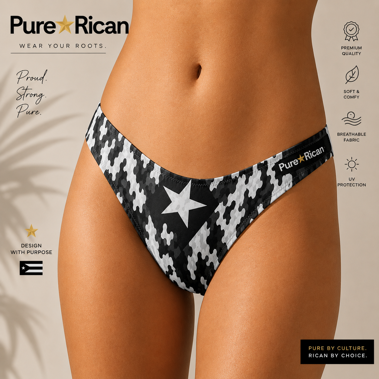 Black and white patterned underwear with star design, featuring the Pure Rican brand.