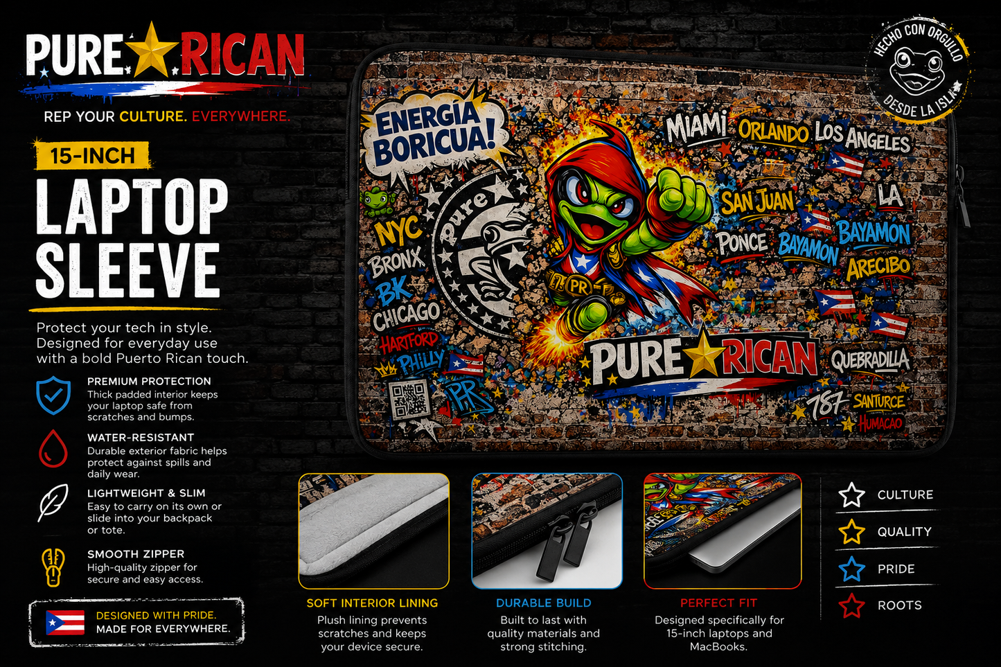 Laptop sleeve with colorful design featuring 'PURE RICAN' branding on a dark background.