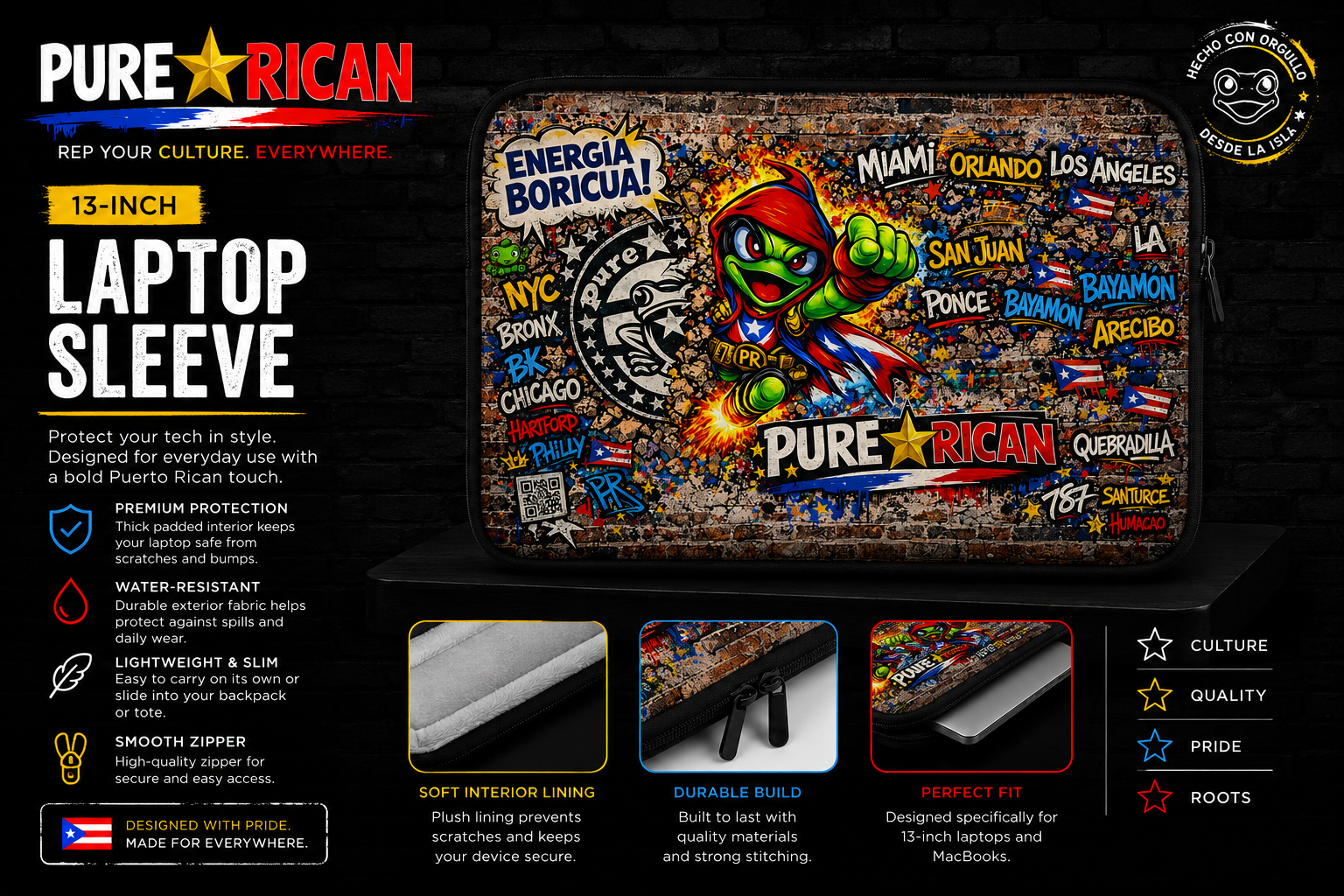 Laptop sleeve with colorful design and text on a black background
