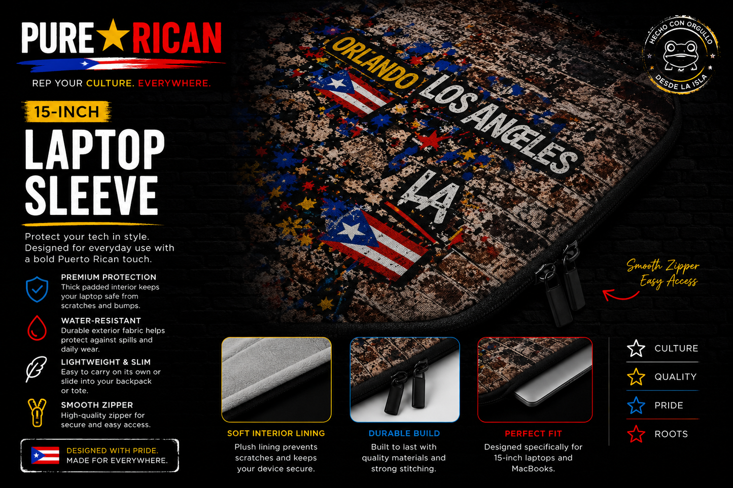 Laptop sleeve with camouflage pattern and text, featuring the brand 'Pure Rican'.