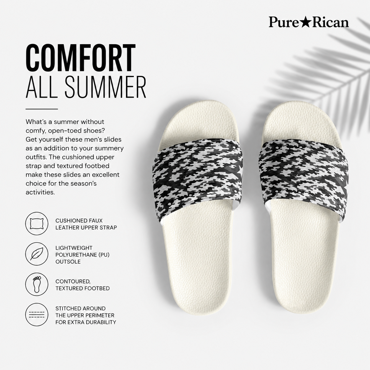 White slides with black and white patterned straps on a light background, featuring 'Pure⭐️Rican' brand.