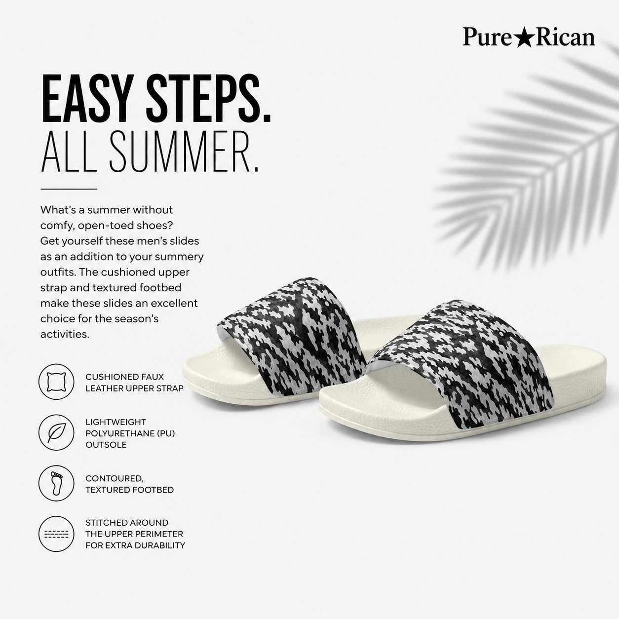 Black and white slide sandals with text about summer wear on a light background