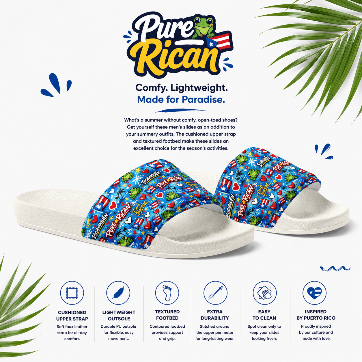 Blue patterned slides with 'Pure⭐️Rican' branding on a white background with palm leaves.