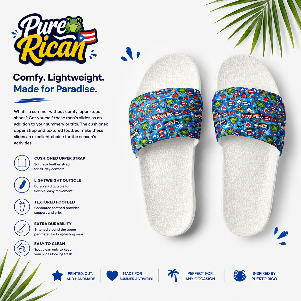 White slides with colorful bandanas on a white background, featuring the Pure⭐️Rican brand.