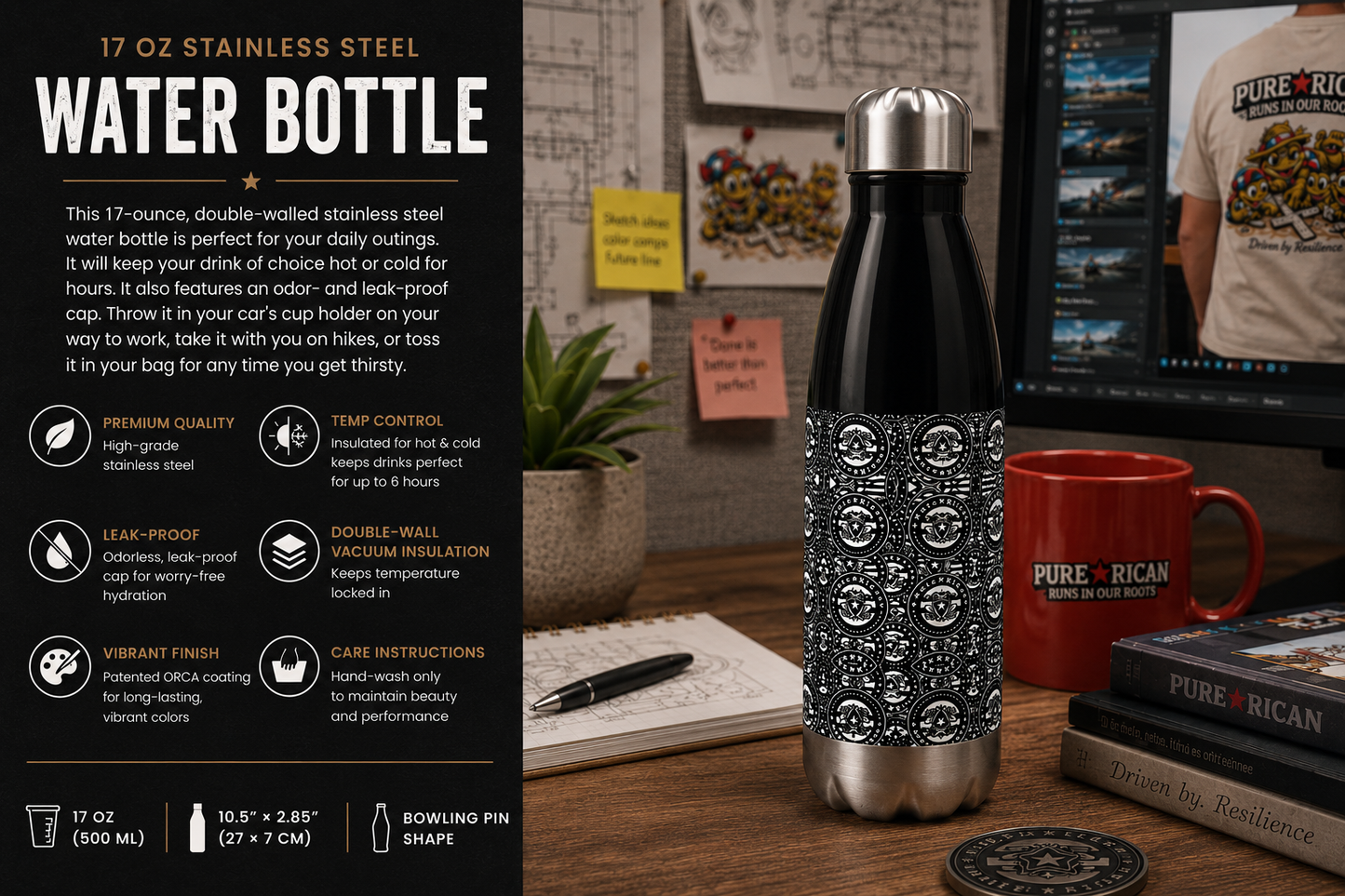 Stainless steel water bottle with decorative pattern on a desk with computer and mug.