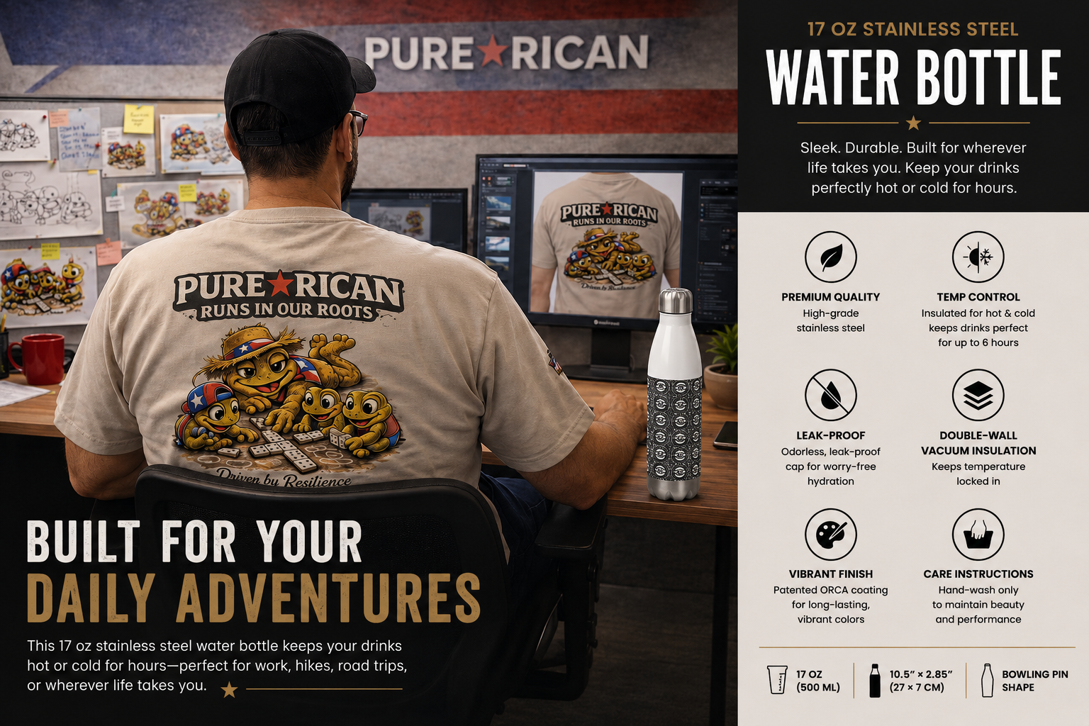 Person wearing a 'Pure Rican' t-shirt with a water bottle and product details on the side.