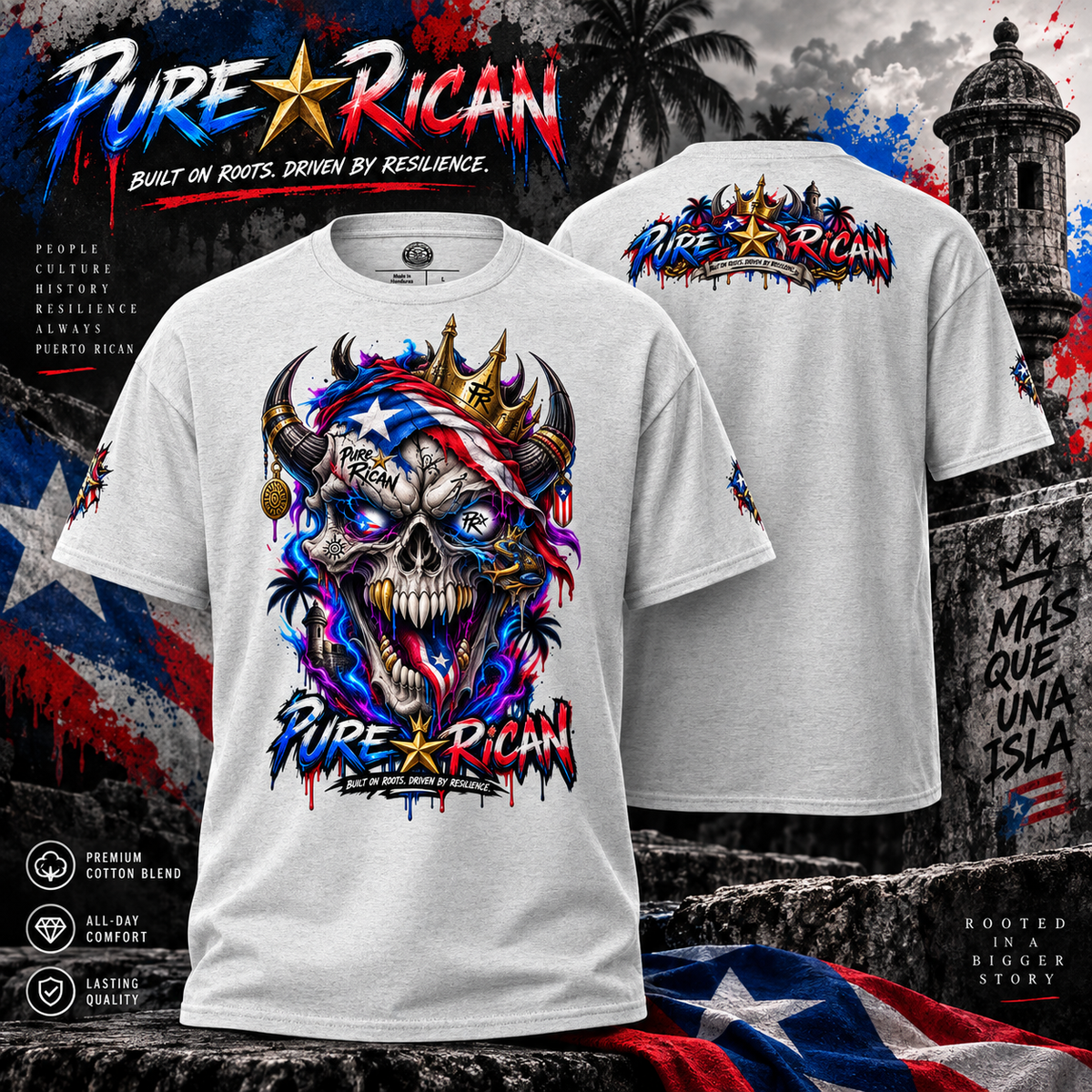 Pure⭐️Rican Crowned in Resilience Skull Graphic Tee premium product image