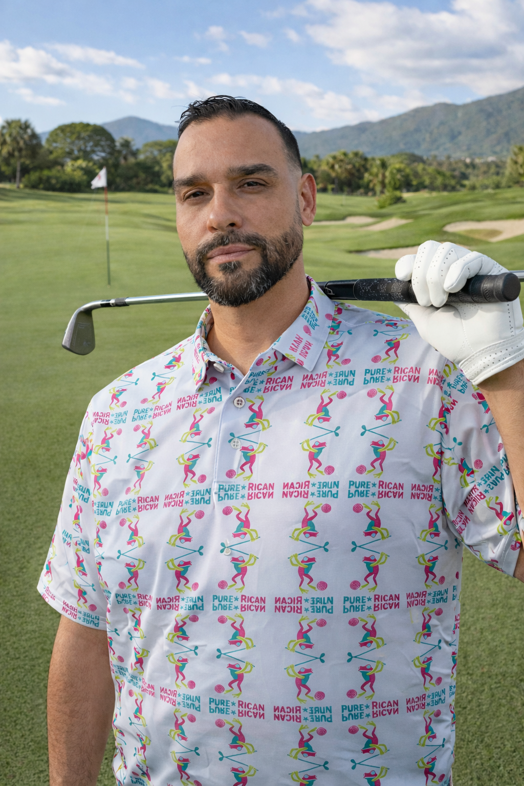 Pure⭐️Rican Sapo Golfer All Over Print Men’s Slim Fit Polo – White Golf Texture Edition