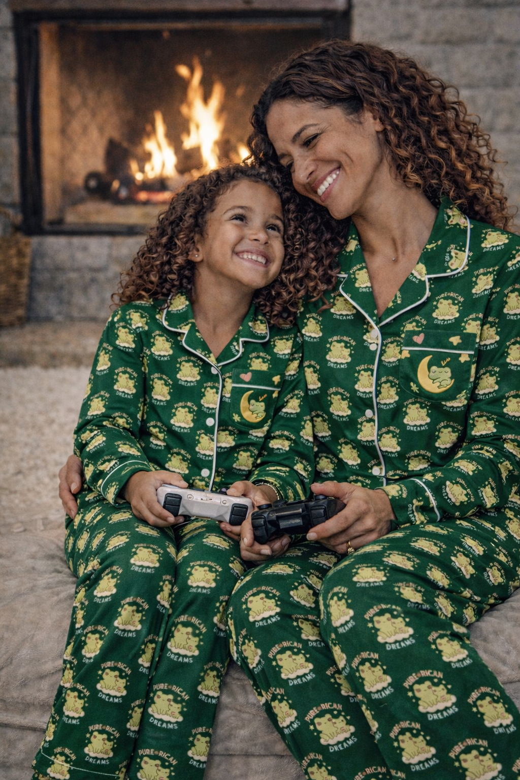 Pure⭐️Rican Mommy and Baby Dreamy All-Over Print Women’s Long Sleeve Pajama Top (Forest Green)