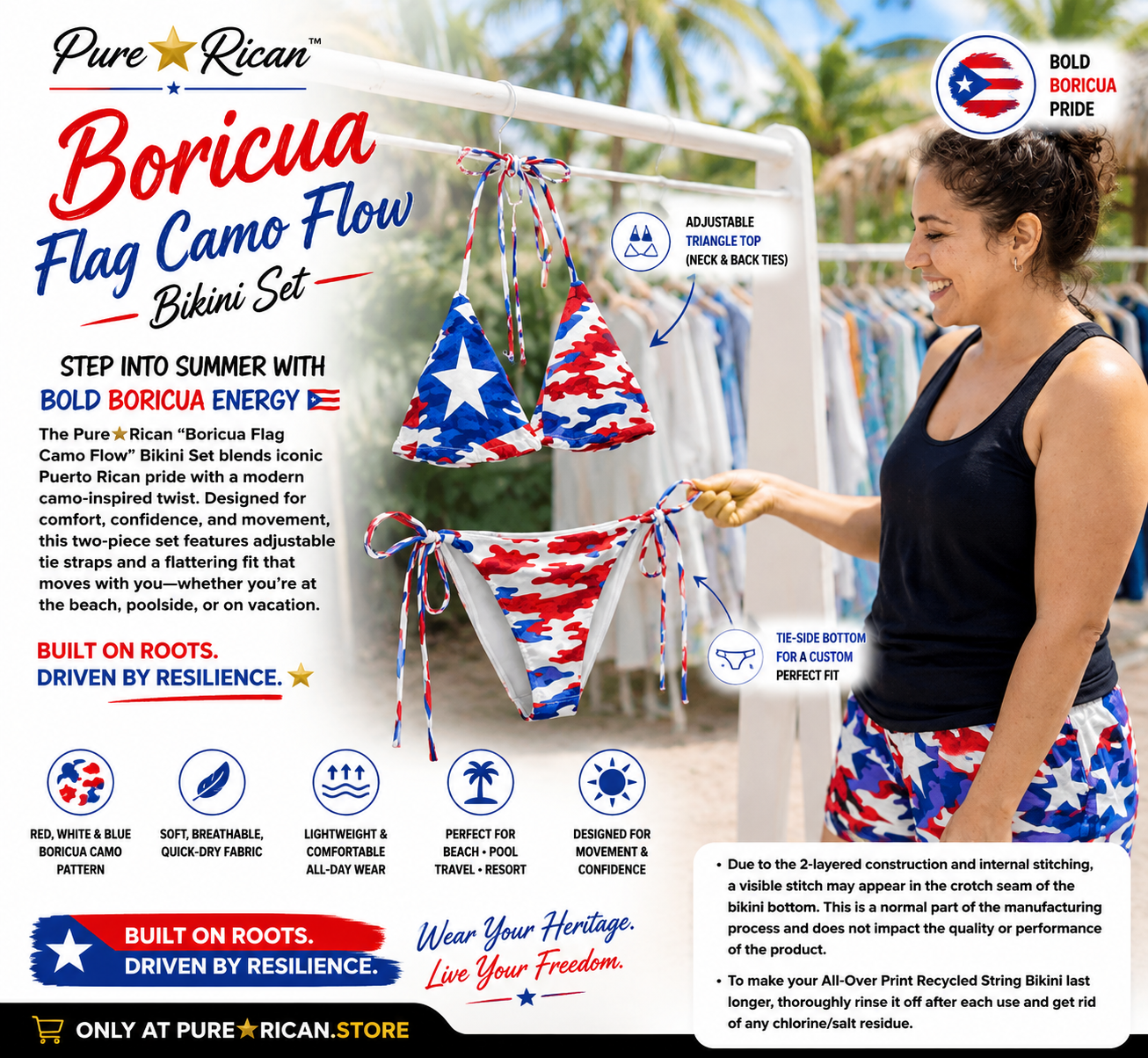 Lifestyle image of a model holding the Pure⭐️Rican Boricua Flag Camo Flow Bikini Set featuring Puerto Rican flag camo swimwear in a tropical resort-inspired setting.