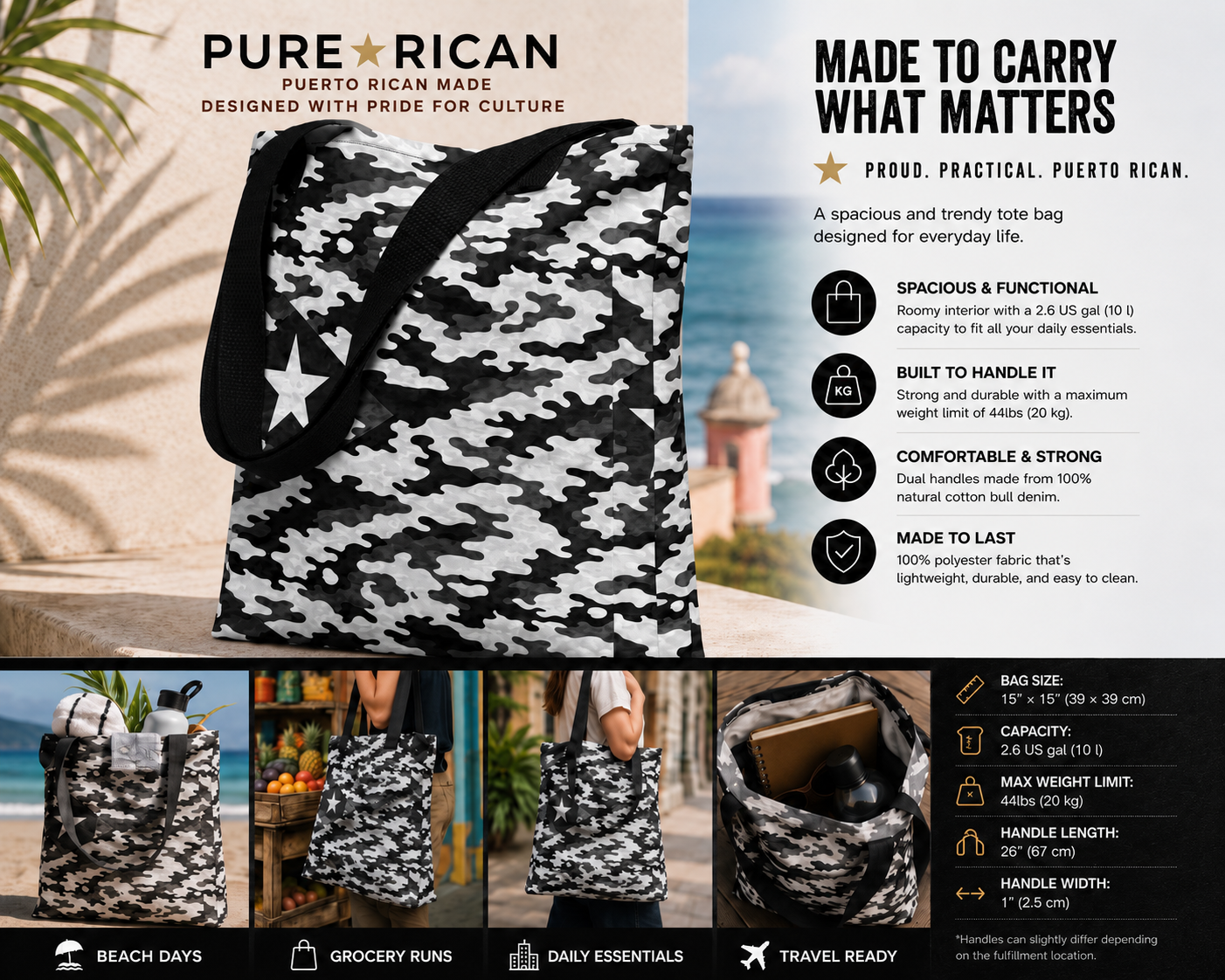 Pure⭐️Rican Midnight Camo Boricua tote bag featuring a black and white Puerto Rican flag-inspired camo pattern with black cotton handles on a clean product background.