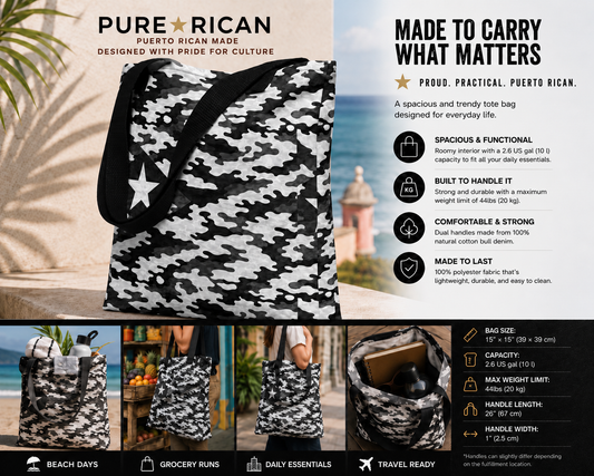 Pure⭐️Rican Midnight Camo Boricua tote bag featuring a black and white Puerto Rican flag-inspired camo pattern with black cotton handles on a clean product background.