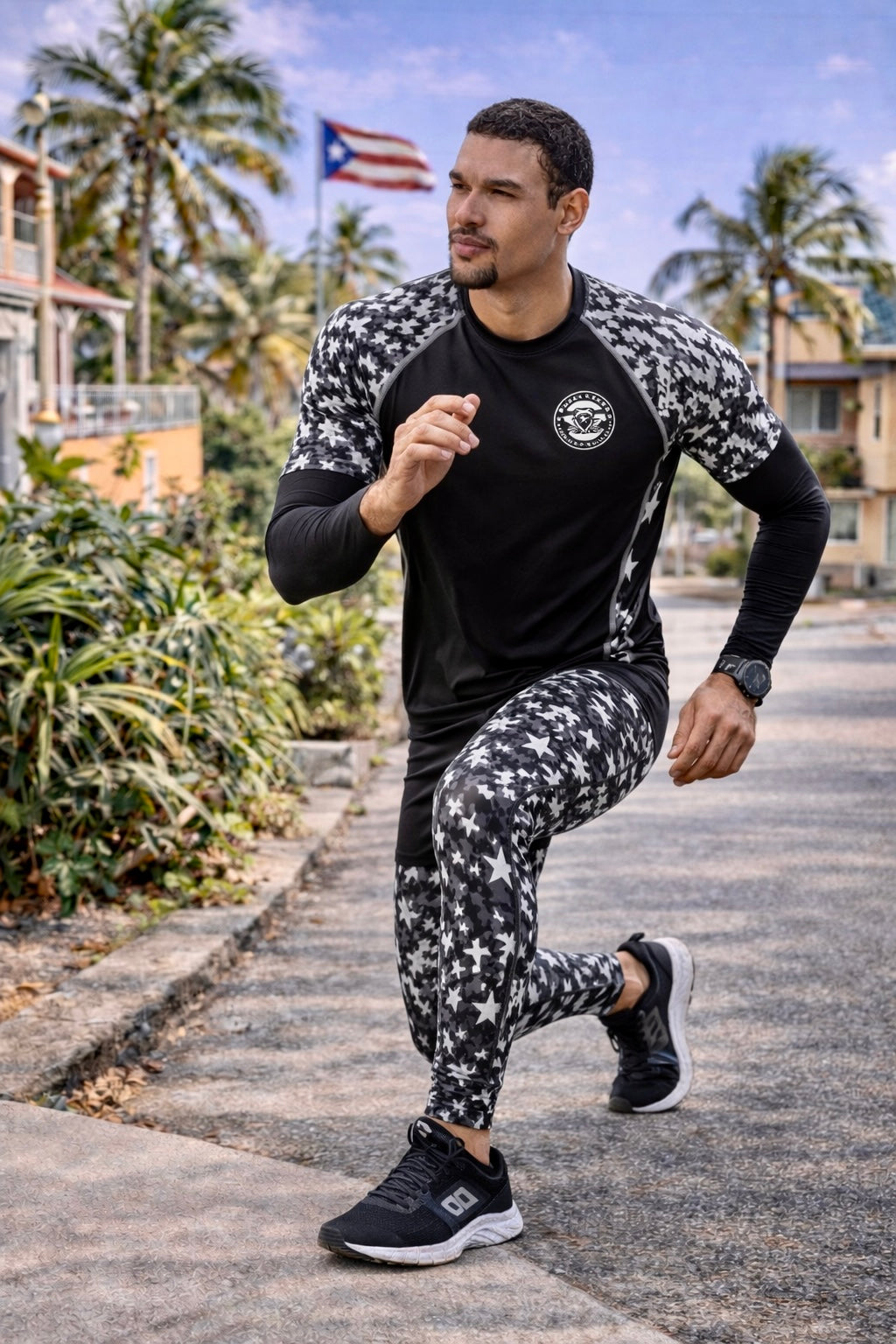 Male model running in Pure⭐️Rican Boricua shadow camo compression leggings on tropical Puerto Rican street