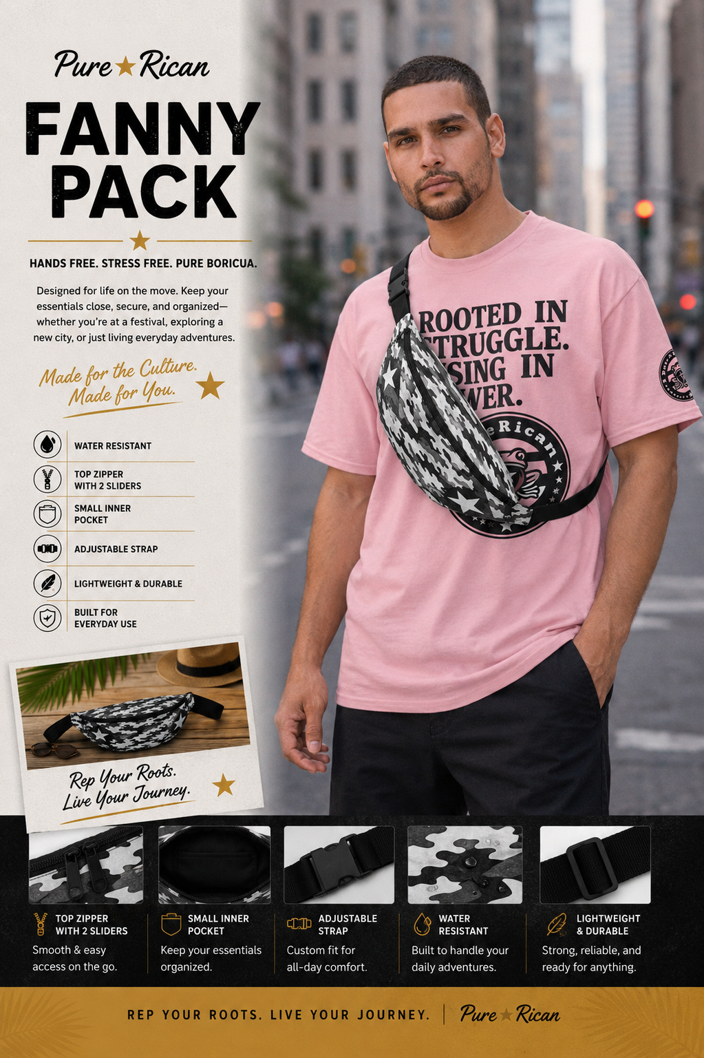Male model wearing the Pure⭐️Rican Midnight Camo Boricua waist bag in an urban city environment.