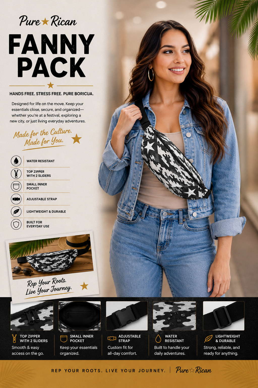 Female model styling the Pure⭐️Rican Midnight Camo Boricua fanny pack in a casual denim outfit.