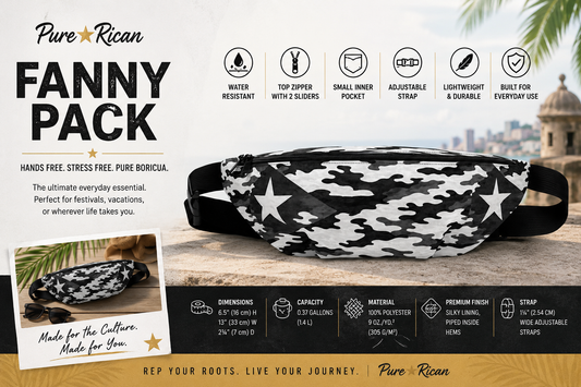 Pure⭐️Rican Midnight Camo Boricua fanny pack front view featuring black and white Puerto Rican flag camo pattern with adjustable strap.