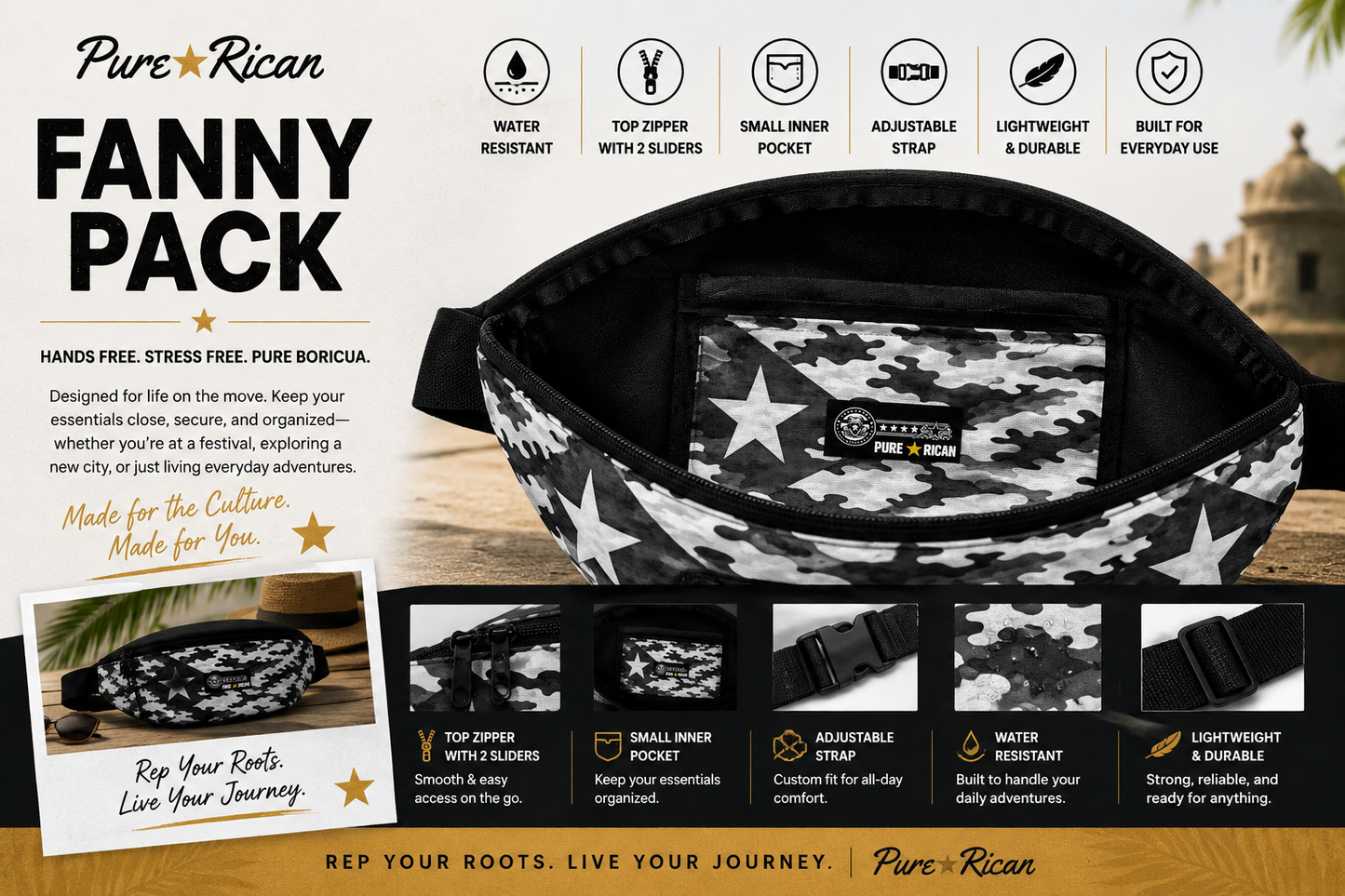 Open view of Pure⭐️Rican Midnight Camo Boricua fanny pack displaying interior pocket and premium inner lining.