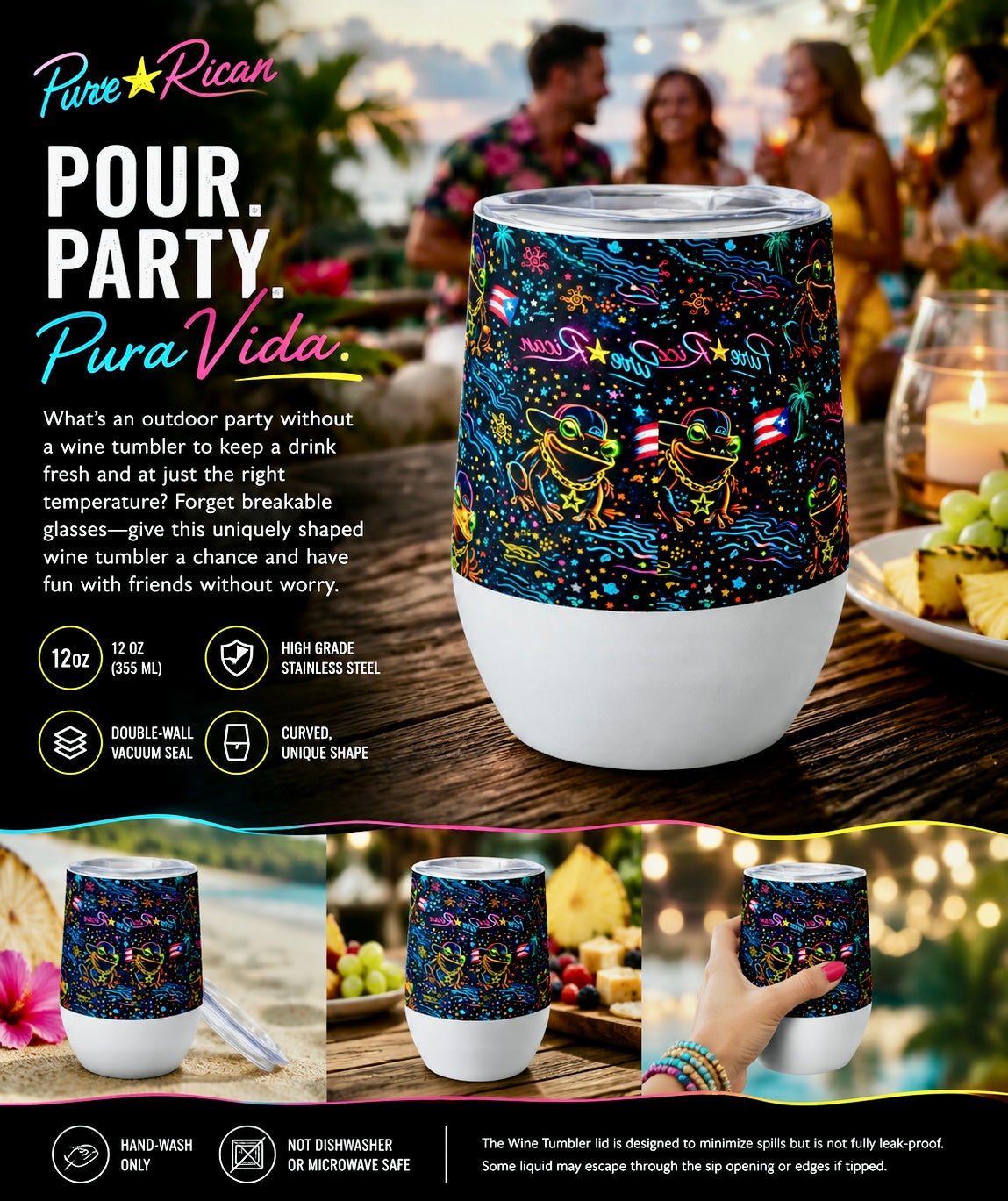 Pure⭐️Rican Neon Sapo Concho insulated wine tumbler featuring mirrored Puerto Rican-inspired neon artwork in a luxury outdoor entertaining scene with warm sunset lighting and tropical party atmosphere.