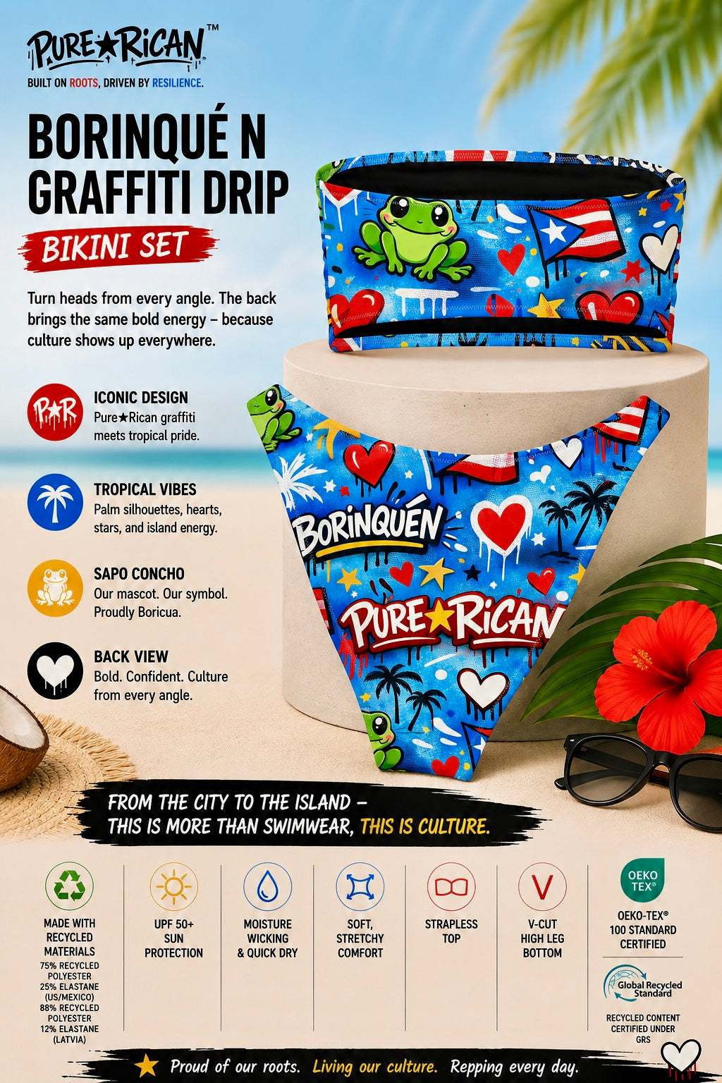 Back view of the Pure⭐️Rican BORINQUÉN Graffiti Drip Bikini Set showcasing vibrant Puerto Rican graffiti artwork, tropical details, hearts, stars, and signature Sapo Concho mascot in a premium complementary product display.