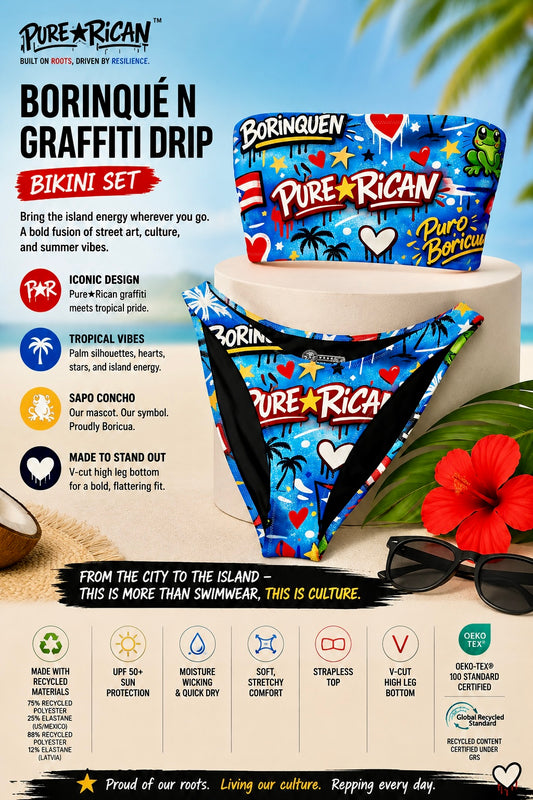 Pure⭐️Rican BORINQUÉN Graffiti Drip Bikini Set front view featuring graffiti-style Puerto Rican artwork, Sapo Concho mascot, hearts, palms, stars, and tropical Boricua-inspired premium product display.