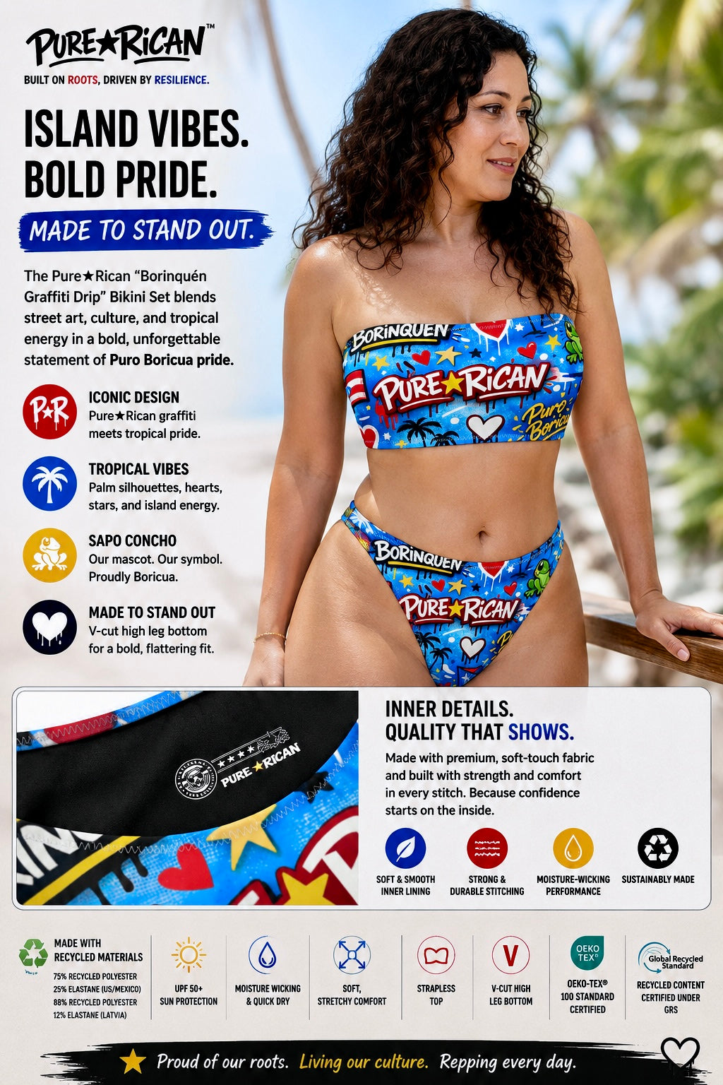 Model wearing the Pure⭐️Rican BORINQUÉN Graffiti Drip Bikini Set front view at a tropical beach setting featuring vibrant Puerto Rican graffiti artwork, hearts, stars, palm silhouettes, and Sapo Concho details.