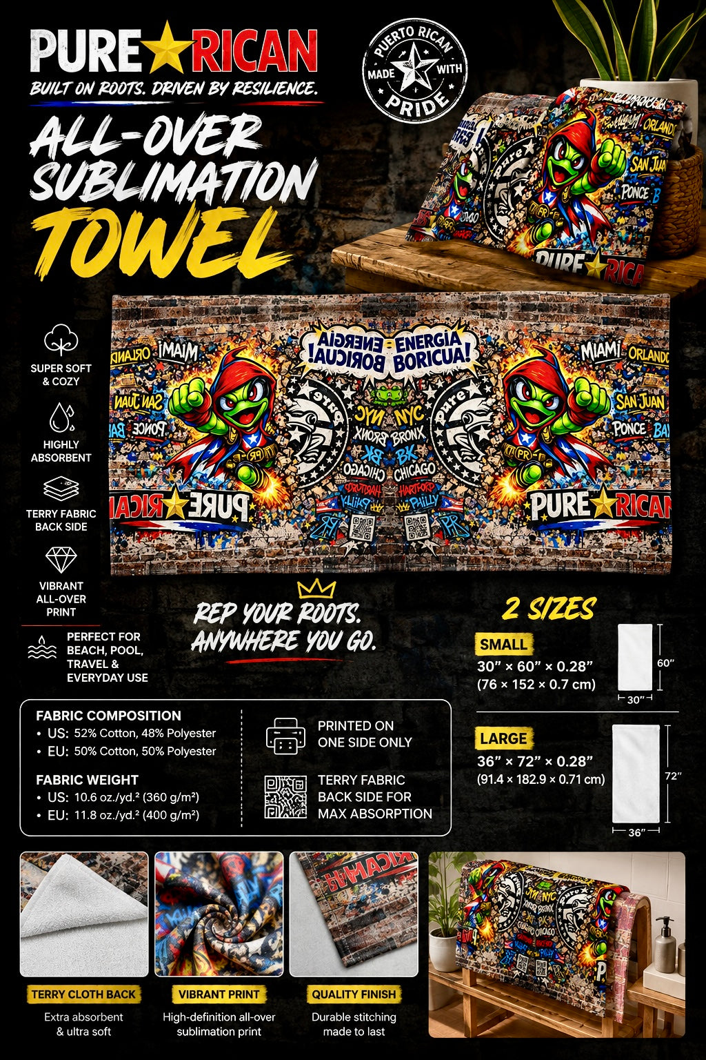 Colorful PURE⭐️RICAN Energía Boricua graffiti beach towel featuring Puerto Rican superhero frog artwork, urban street art graphics, island and diaspora city names, and vibrant all-over sublimation print.