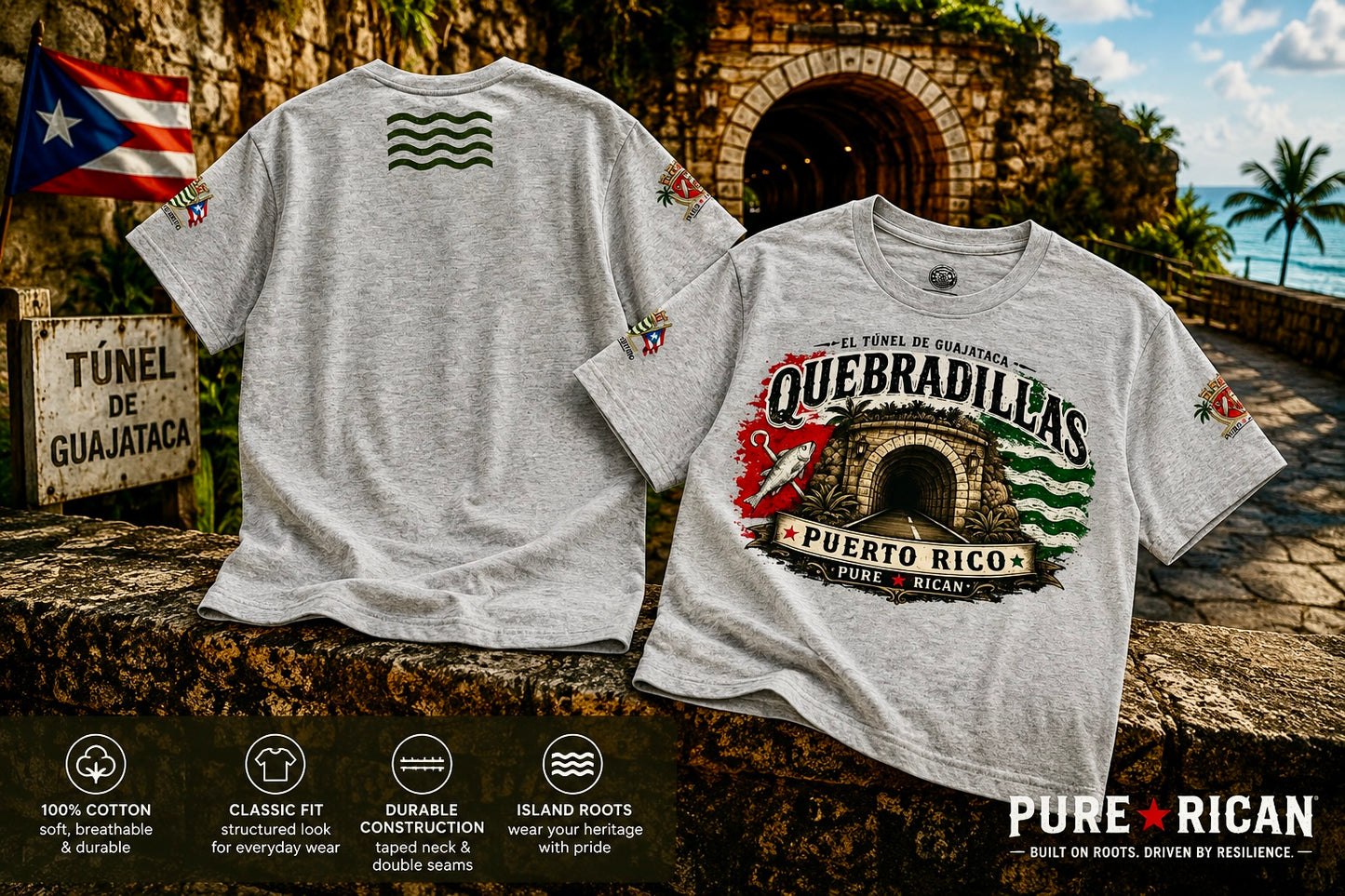 Two gray t-shirts with Quebradillas Las Puerto Rico design on a stone wall background.